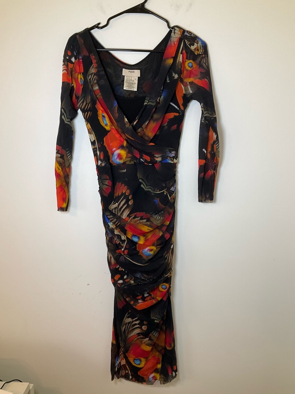 Fuzzi Butterfly Print Mesh Bodycon Midi Dress Ruched Italy Size L